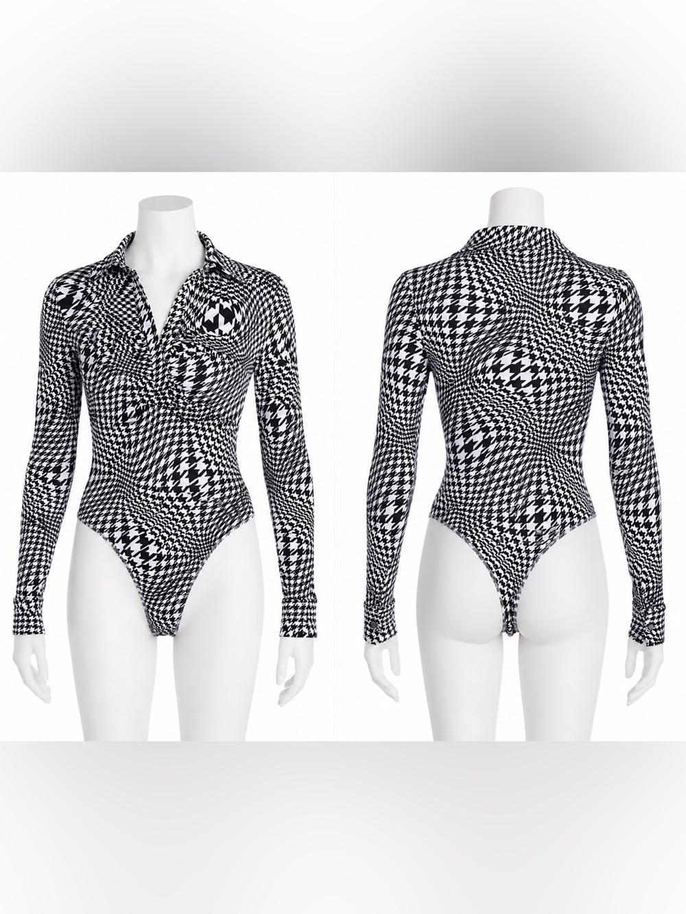 SO Women's BodySuit Black White Stretch Long Sleeve Button Cuffs Size Large